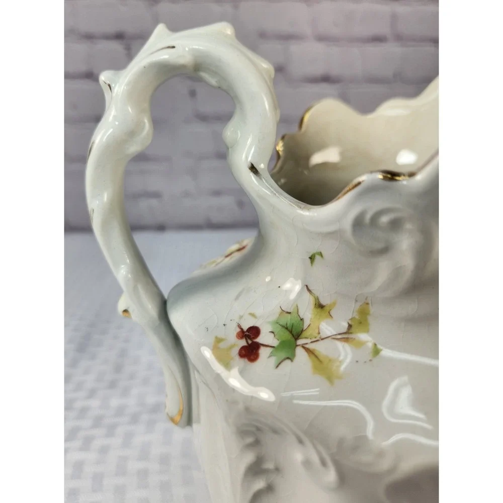 Antique 1880 EPP Co East Palestine Pottery MARQUETTE Holly Berry Pitcher Holiday